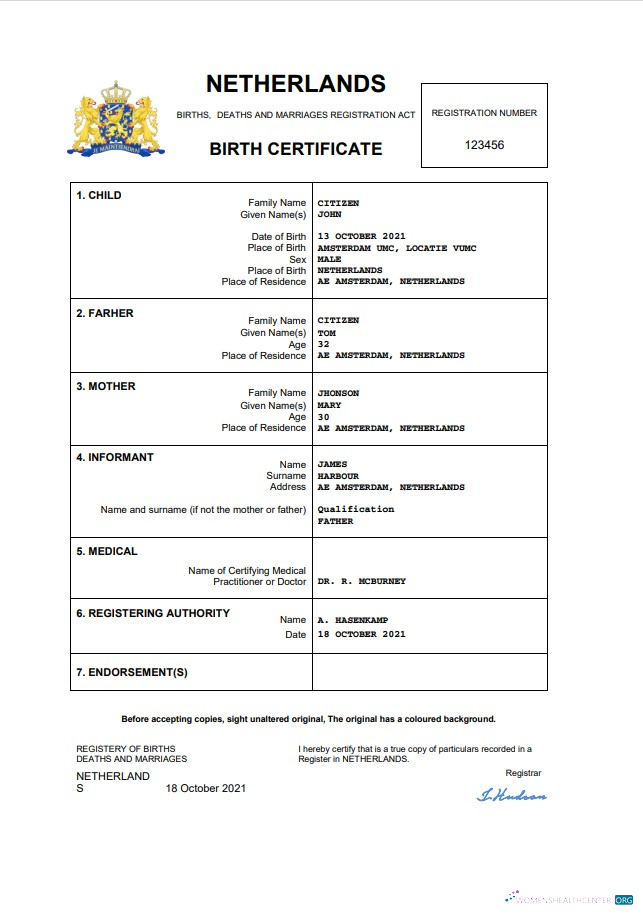 Download Netherlands vital record birth certificate Word and PDF template Photoshop template